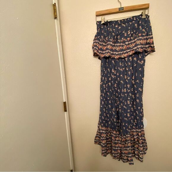 Japna smocked ruffle strapless jumpsuit wide leg palazzo romantic blue floral M - Picture 3 of 11